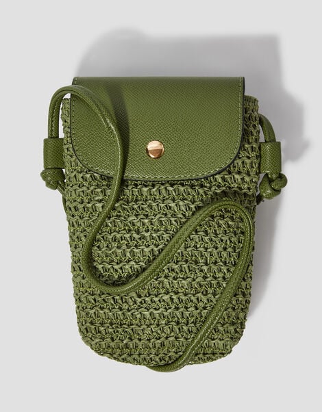 Rosie Raffia Phone Bag, Green (KHAKI), large