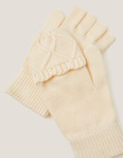Diamond Fingerless Gloves with Mittens, Ivory (IVORY), large