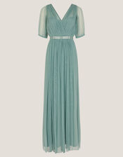Ellie Sheer Sleeve Plunge Tulle Maxi Dress, Green (SAGE), large
