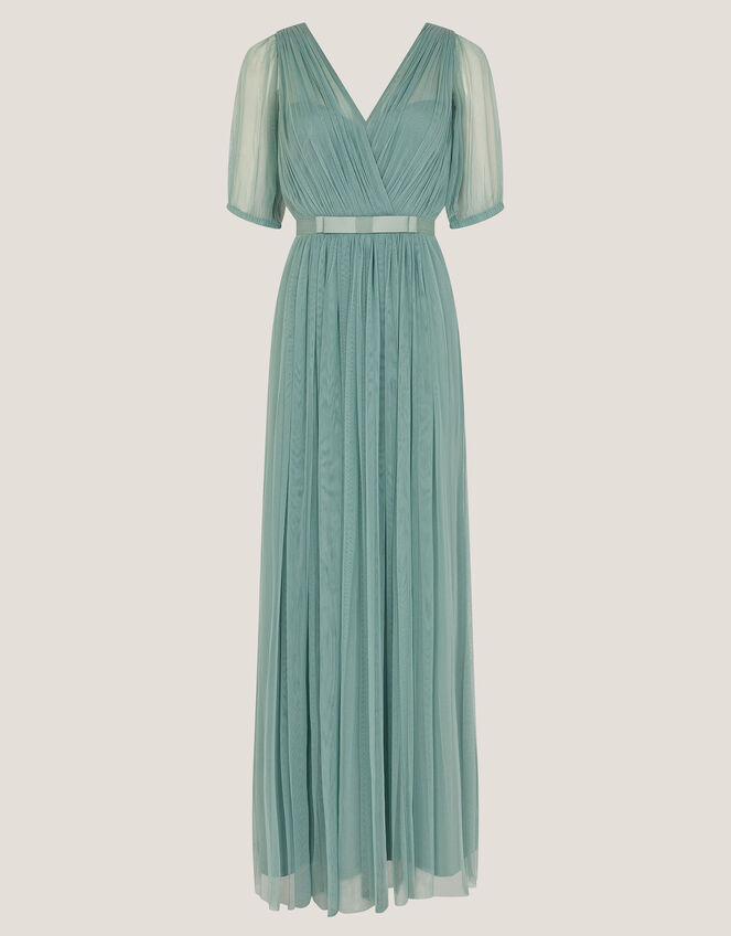 Ellie Sheer Sleeve Plunge Tulle Maxi Dress, Green (SAGE), large