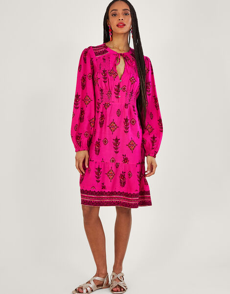 Keyhole Neckline Print Short Dress, Pink (PINK), large