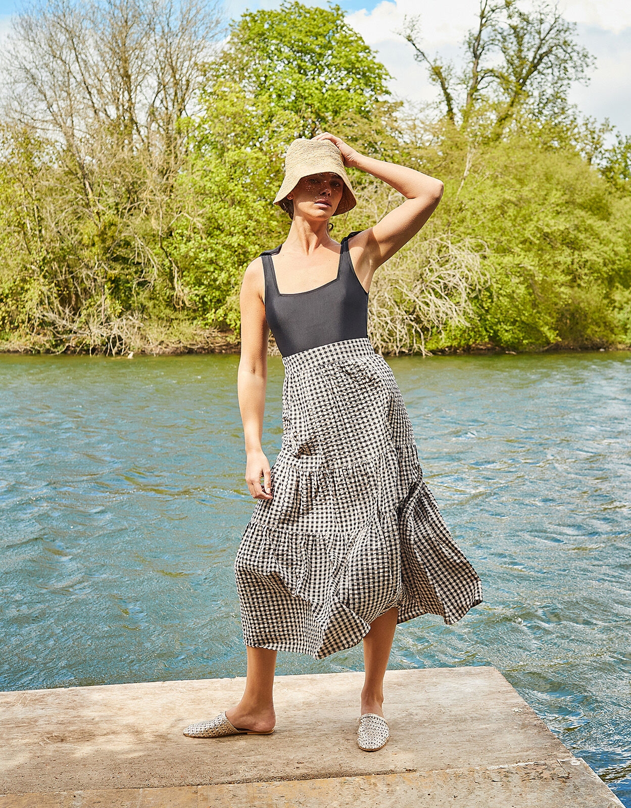 Gingham Tiered Skirt Natural