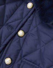 Faux Fur Collar Quilted Bomber Jacket, Blue (NAVY), large