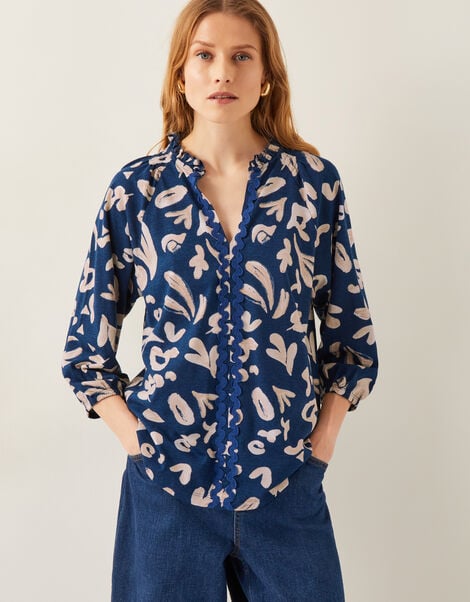 Rosie Abstract Print Jersey Blouse, Blue (NAVY), large