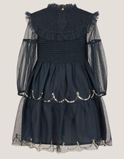 Bow Shirred Mesh Dress, Blue (NAVY), large