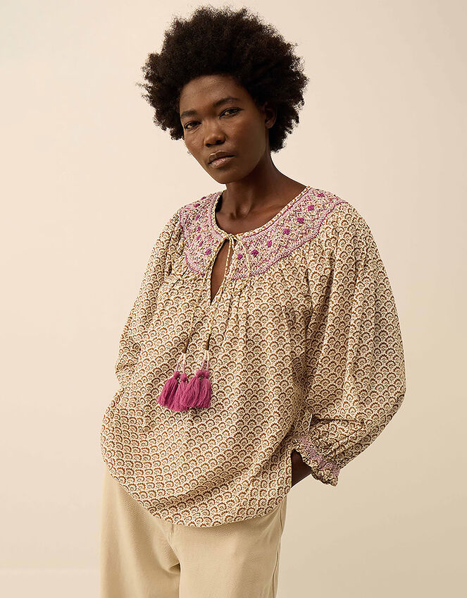East Alina Floral Printed Smocking Top, Brown (BROWN), large