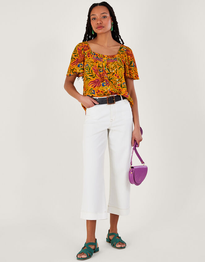 Short Sleeve Tropical Print Top, Yellow (YELLOW), large