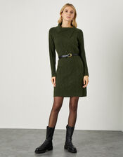 Split Neck Dress, Green (KHAKI), large