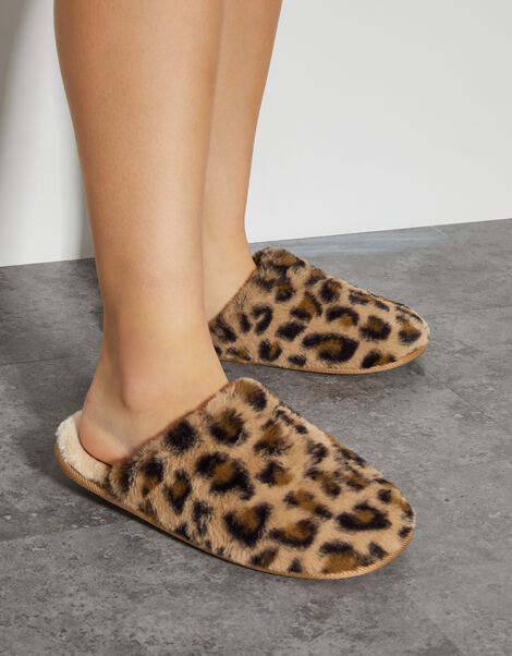 Dana Leopard Faux Fur Mule Slippers, Natural (NEUTRAL), large