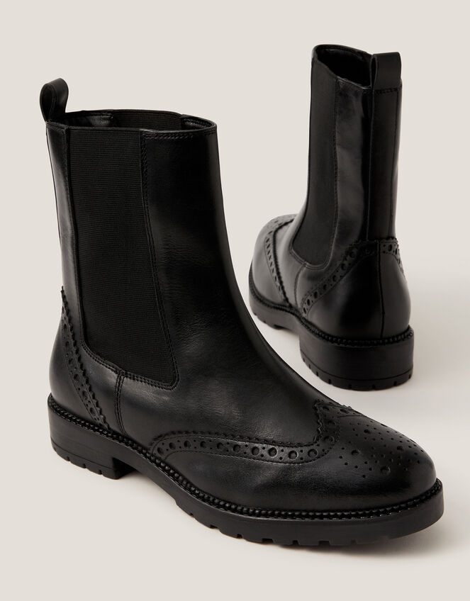Eli Brogue Leather Chelsea Boots, Black (BLACK), large