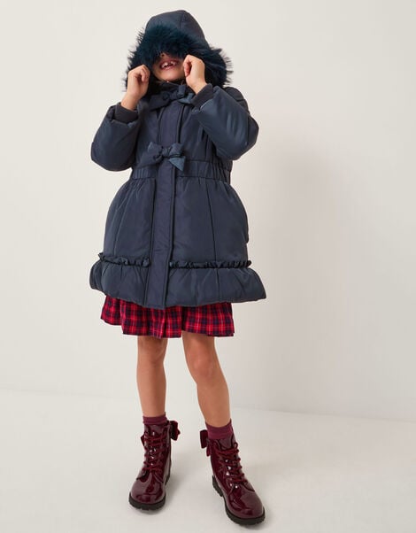 Frill Bow Hooded Coat, Blue (NAVY), large