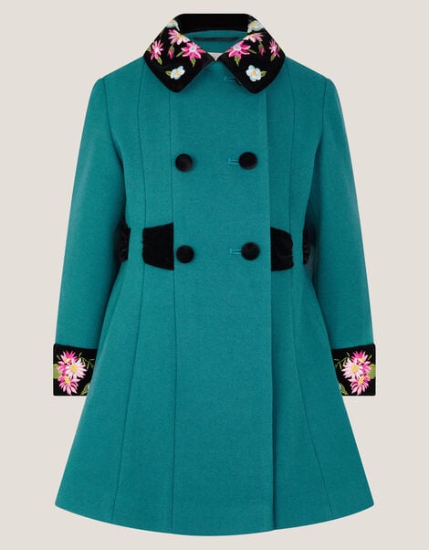 Contrast Double-Breasted Velvet Coat, Teal (TEAL), large