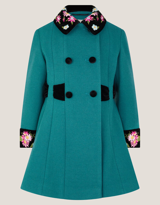 Contrast Double-Breasted Velvet Coat, Teal (TEAL), large