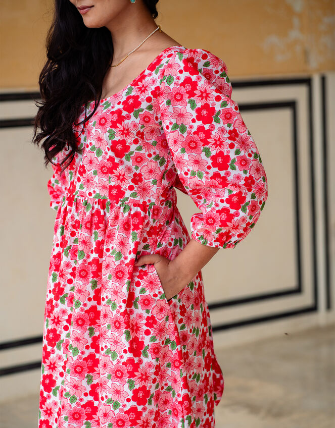 India & Mills Lottie Poppy Print Midi Dress, Pink (PINK), large