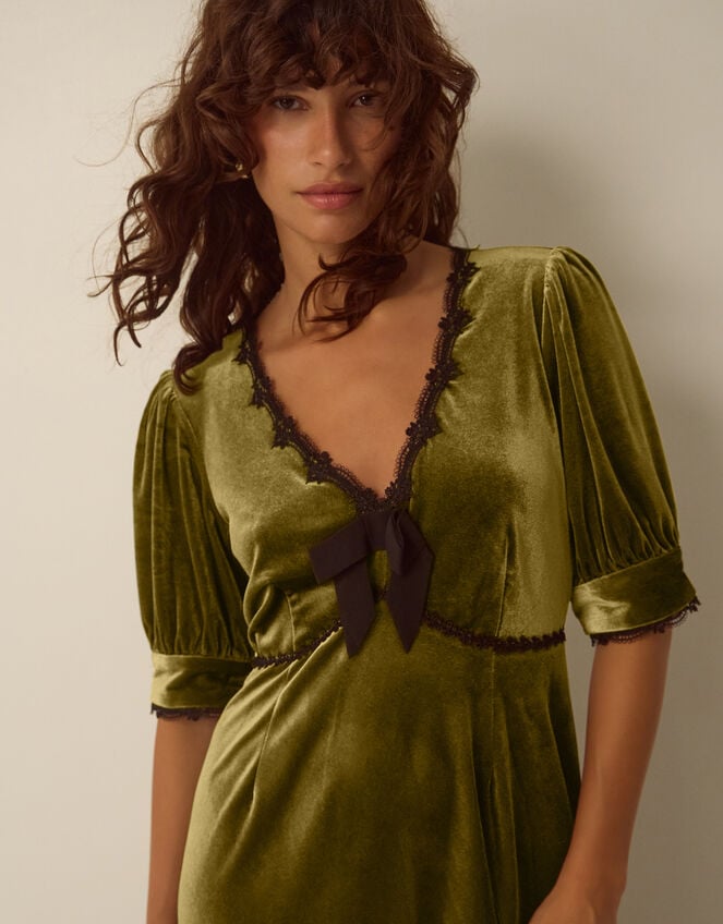 Vera V-Neck Velvet Midi Dress, Green (OLIVE), large