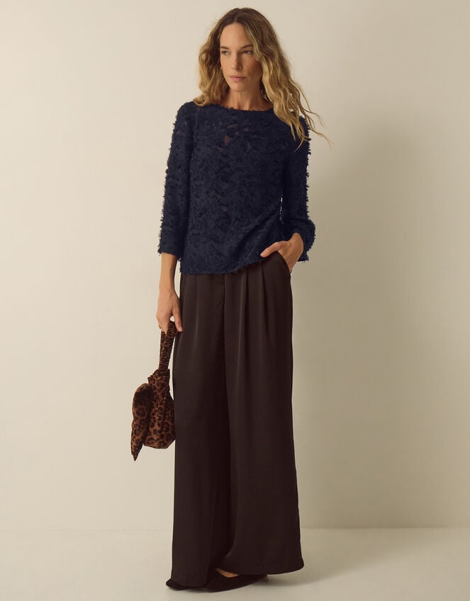 Chrissy Bell Sleeve Textured Fringe Top, Blue (NAVY), large