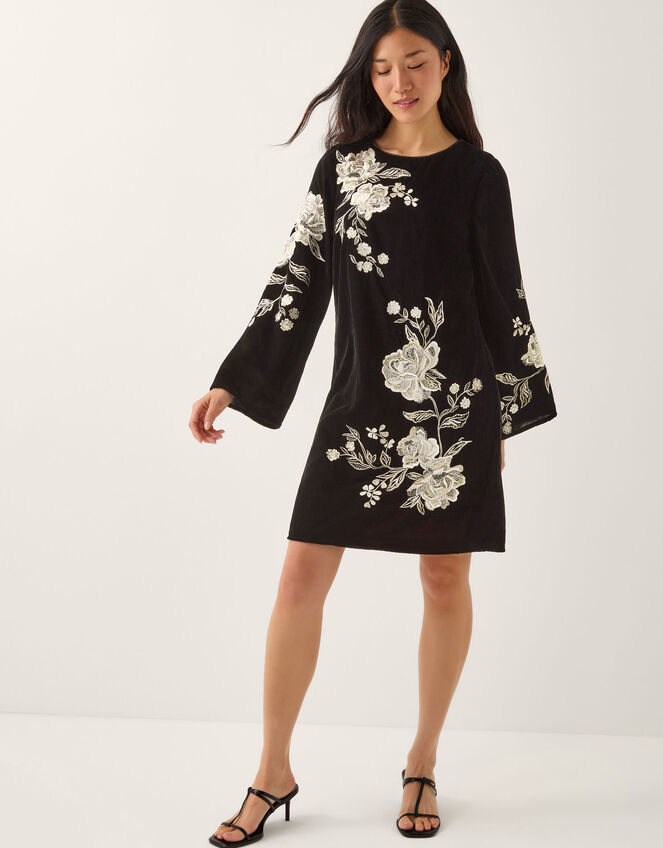 Fia Floral Embroidered Velvet Tunic Dress, Black (BLACK), large