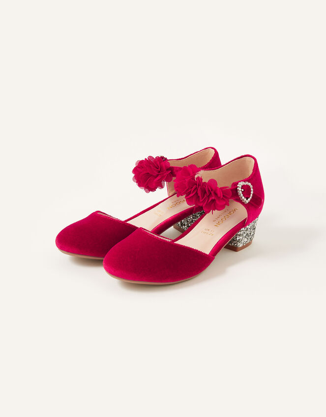 Velvet Glitter Heel Shoes, Red (RED), large