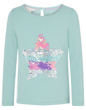 Sequin Star T-shirt in Organic Cotton, Blue (AQUA), large