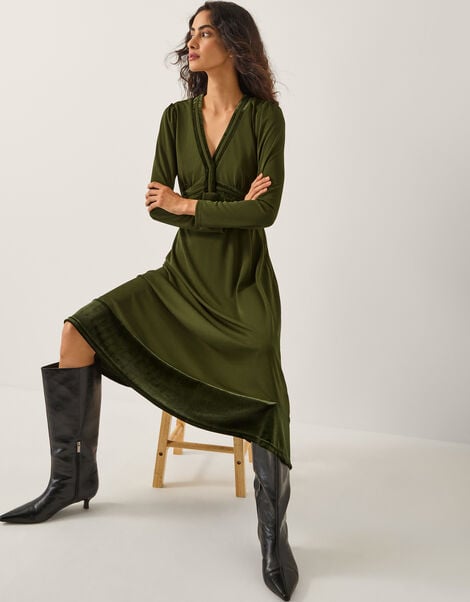 Viv Velvet Trim Long Sleeve Midi Dress, Green (KHAKI), large