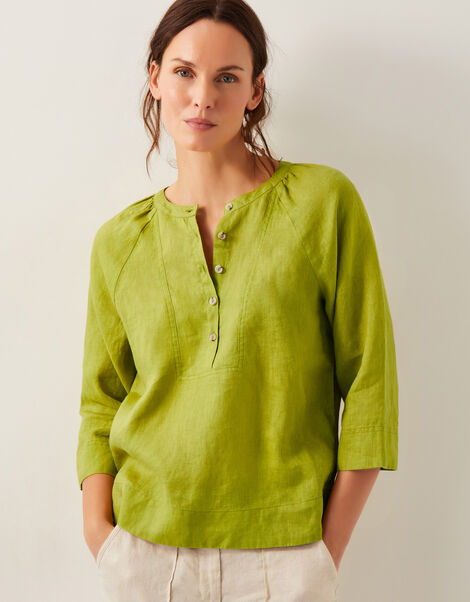 Rosa Bib Linen Blouse, Green (CHARTREUSE), large