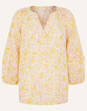 Printed Long Sleeve Top in Linen Gauze, Ivory (IVORY), large