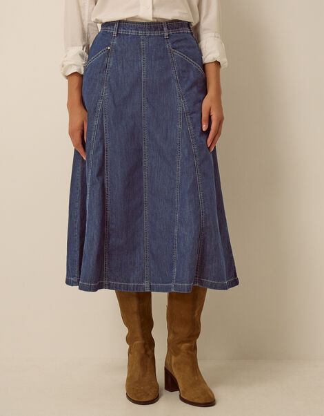 Harper Godet Denim Midi Skirt , Blue (INDIGO), large