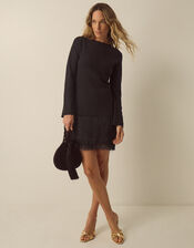 Fina Long Sleeve Knitted Fringe Mini Dress, Black (BLACK), large