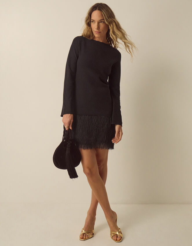 Fina Long Sleeve Knitted Fringe Mini Dress, Black (BLACK), large
