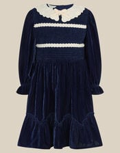 Pearl Smocked Velvet Dress, Blue (NAVY), large
