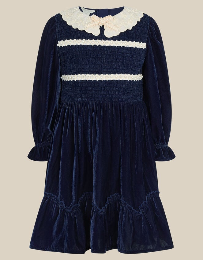 Pearl Smocked Velvet Dress, Blue (NAVY), large