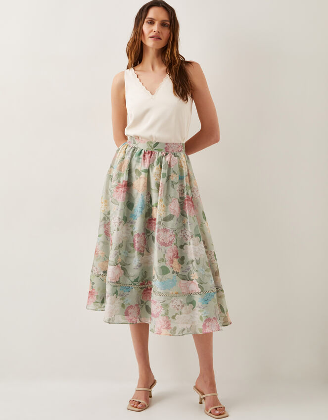Agnes Floral Print Midi Skirt, Green (SAGE), large
