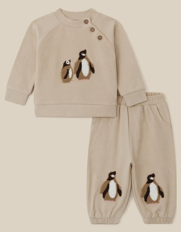 Newborn Penguin Cotton Sweatshirt & Joggers Set, Natural (STONE), large