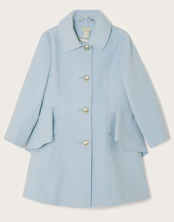 Waist Waterfall Coat with Faux Fur Collar, Blue (PALE BLUE), large