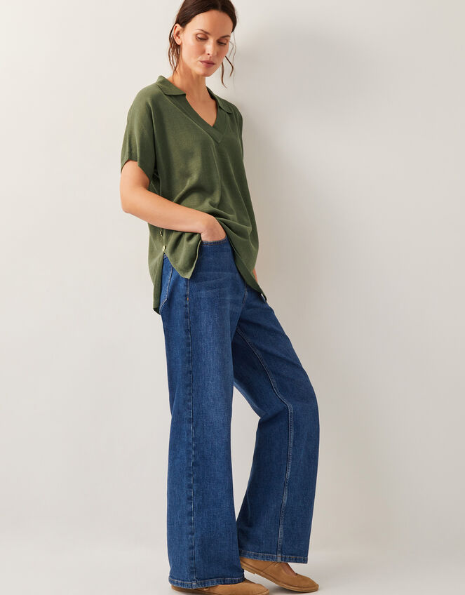 Cloe Knitted Collar Top, Green (KHAKI), large