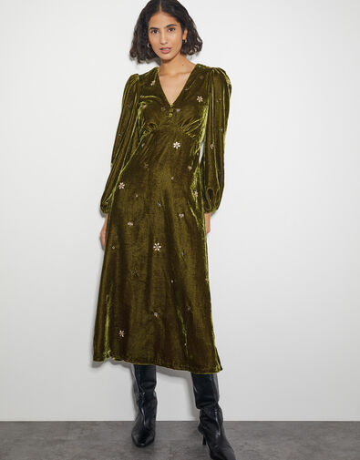 Joyce Embellished Velvet Tea Dress, Yellow (OCHRE), large