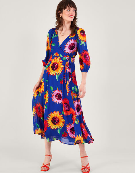Francesca Floral Print Wrap Dress in Sustainable Viscose, Blue (COBALT), large
