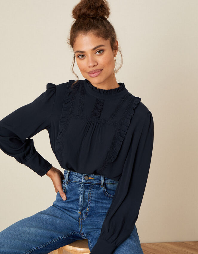 Ruffle and Lace Trim Top, Blue (NAVY), large