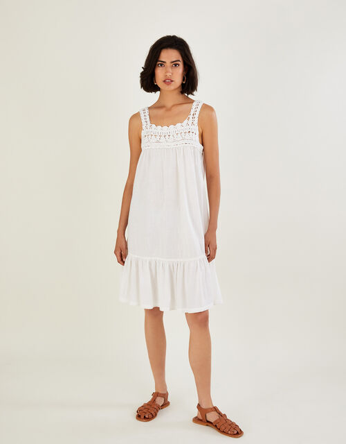 Crochet Trim Dress in Sustainable Cotton, Ivory (IVORY), large
