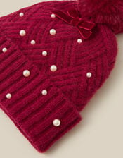 Pearl Bow Bobble Hat, Red (RED), large