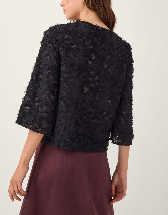Chrissy Sheer Textured ¾ Sleeve Top, Black (BLACK), large