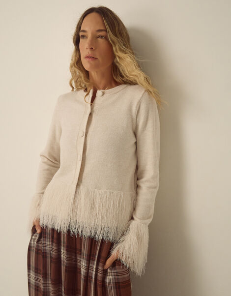 Fina Fringe Crew Neck Cardigan, Ivory (IVORY), large