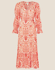 Paisley Print Maxi Wrap Dress, Orange (CORAL), large