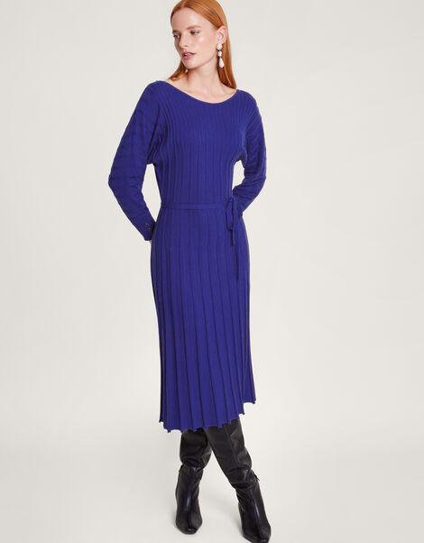 Inverted Rib Slash Neck Dress with LENZING™ ECOVERO™, Blue (COBALT), large