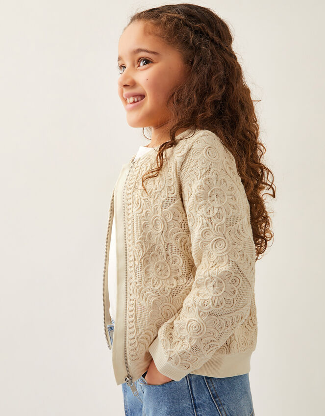 Crochet Bomber Jacket, Cream (CREAM), large