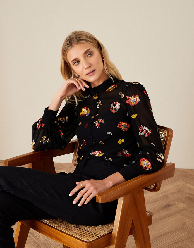 Sutton Embellished Animal Blouse , Black (BLACK), large