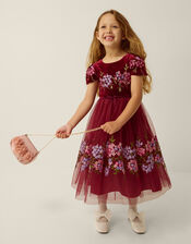 Ruby Floral Embroidered Velvet Party Dress, Red (BURGUNDY), large