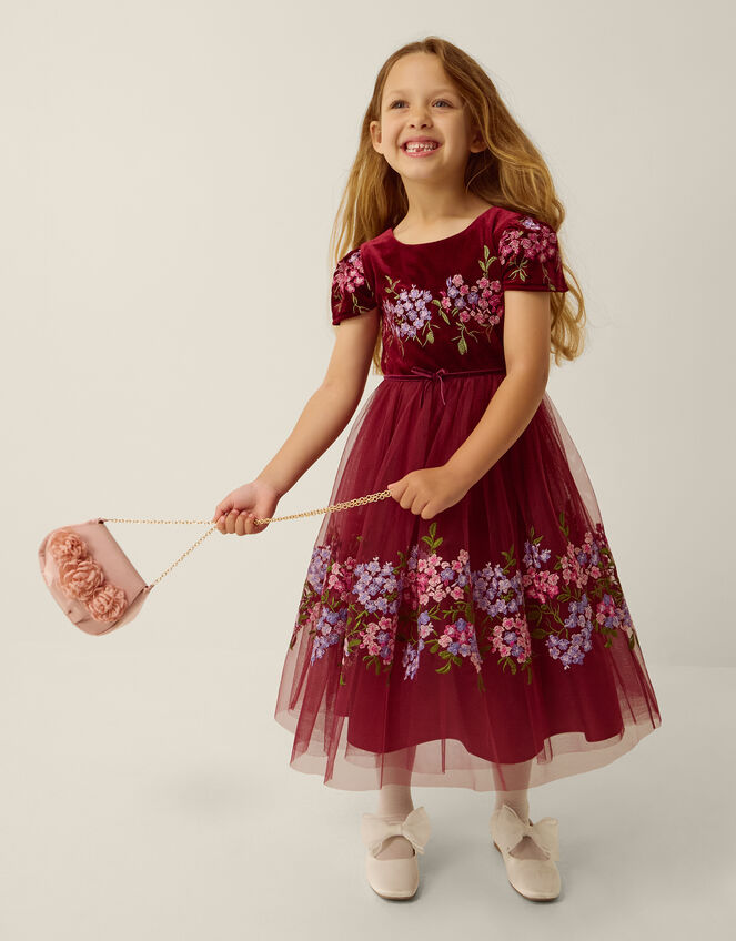 Ruby Floral Embroidered Velvet Party Dress, Red (BURGUNDY), large