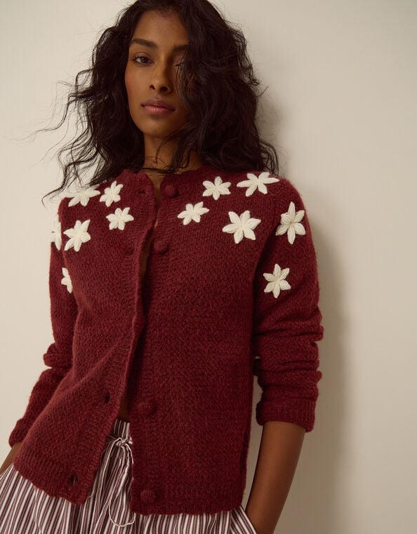 Erin Floral Embroidered Cardigan, Red (BURGUNDY), large