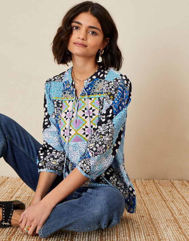 Patchwork Print Top, Blue (BLUE), large